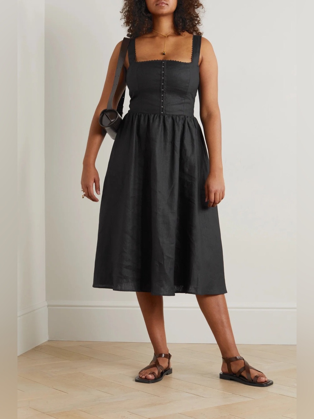Reformation 6 Tagliatelle Black Linen Midi Dress